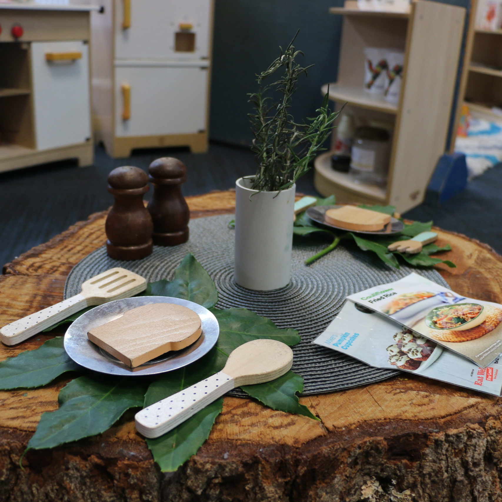 Childrens pretend food play set up