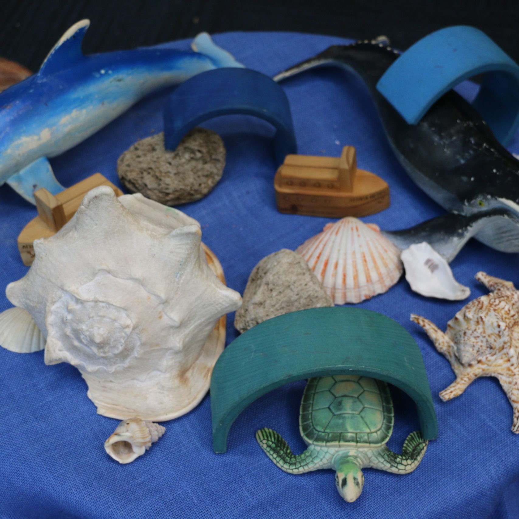 Toy sea animals and seashells