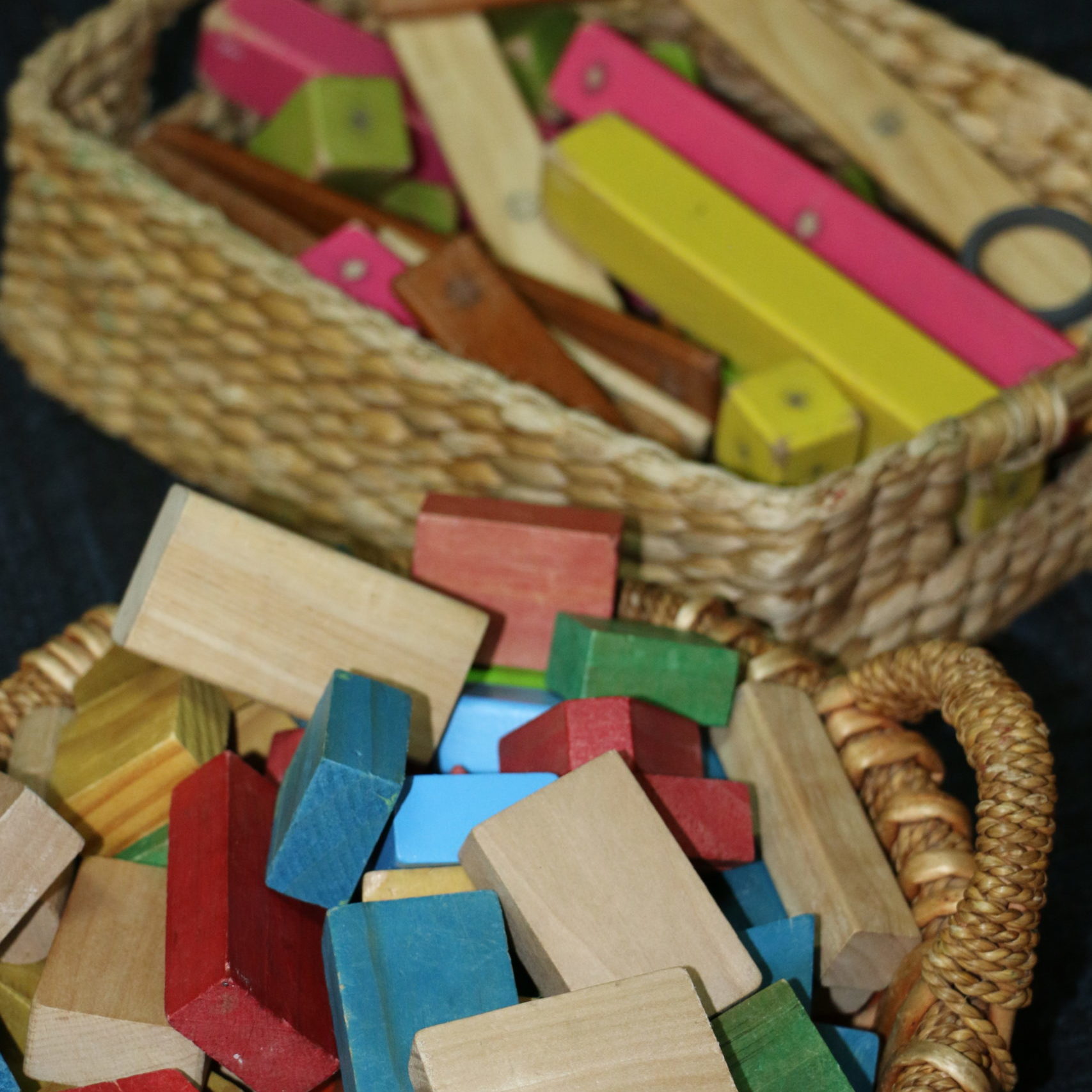 wooden blocks in baskets